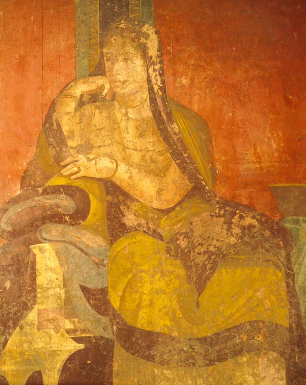 Romersk kvinde, detalje af maleri fra Cult of Dionysian Mysteries, Second Pompeian Style, Villa of Mysteries, Pompeji, Campania, romersk civilisation af Roman