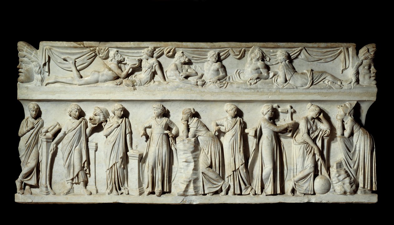 Sarcophagus des Muses: repræsentation af muser af kunst og bogstaver. Marmor skulptur. 150 e.Kr. Paris, Louvre-museet. af Roman