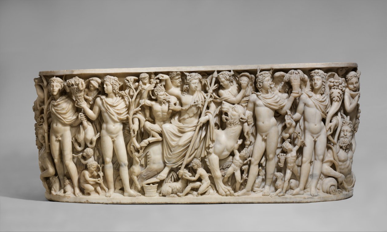 Sarkofag med Dionysos triumf og årstiderne, ca. 260-20 e.Kr. (marmor) af Roman
