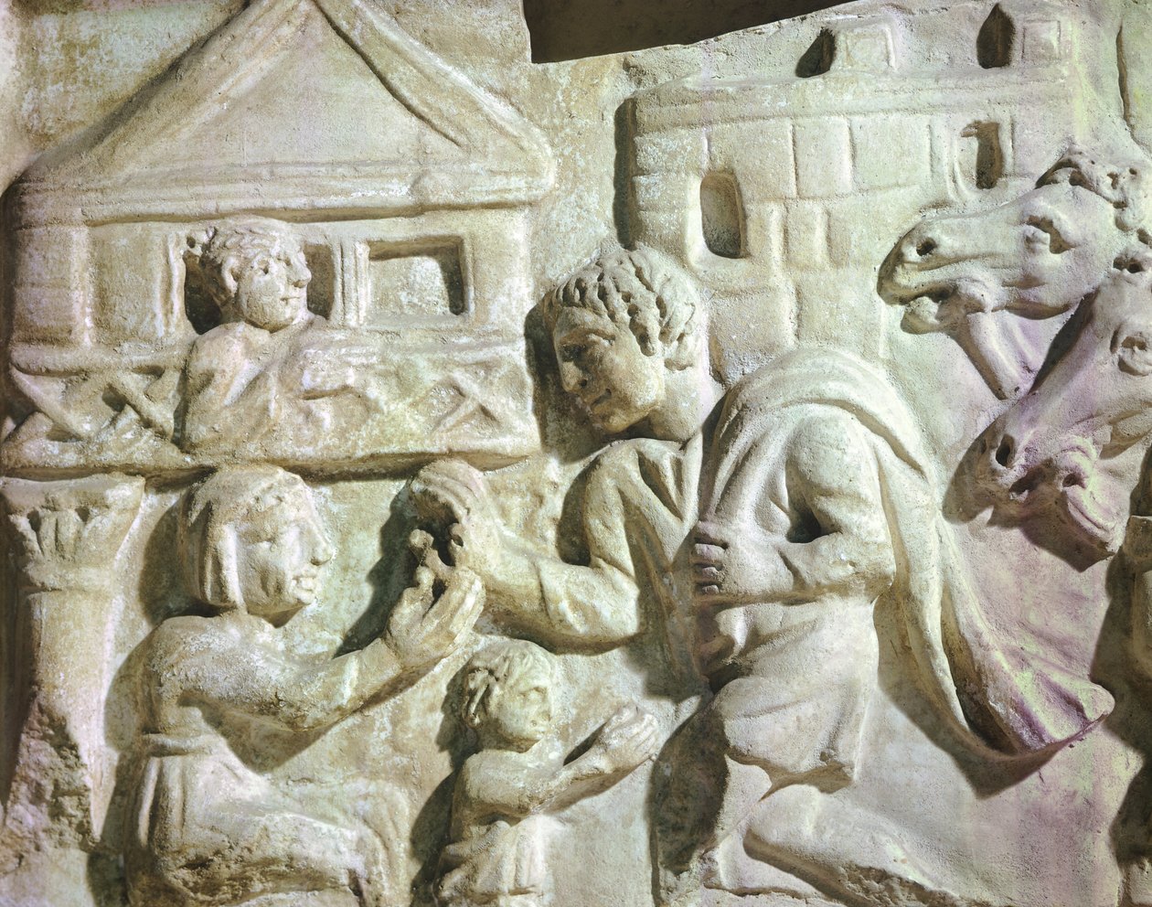 Scene af hjortejagt med net, romersk sarkofag, 4. århundrede (relief) af Roman