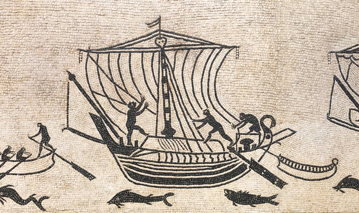 Skib nærmer sig en havn, detalje af en mosaik, 2. århundrede e.Kr af Roman