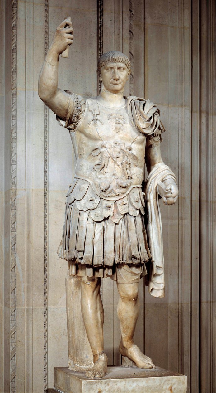 Statue af den romerske kejser Trajan (Marcus Ulpius Traianus eller Traiano) (53-117 e.Kr.) stående, slagskib. Omkring 108 e.Kr. Søn 2 m Paris, Louvre-museet af Roman