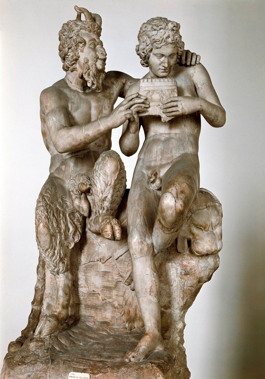 Statuette af guden Pan, der lærer fløjten, har sin eromene, hyrden Daphnis 1. århundrede f.Kr. Romersk marmorskulptur efter en græsk original. Det nationale arkæologiske museum i Napoli - Pan og Daphnis (eller Olympus). Romersk kopi efter en hellenistisk s af Roman