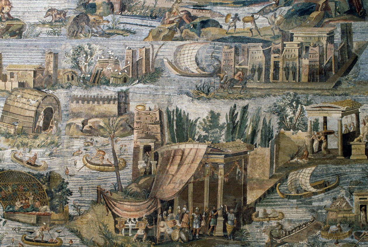 Templer langs Nilen, detaljer fra Nilotisk mosaik af oversvømmelser af Nilen i Egypten, fra Sanctuary of Fortuna Primigenia ved Palestrina, Lazio, Italien, romersk civilisation af Roman