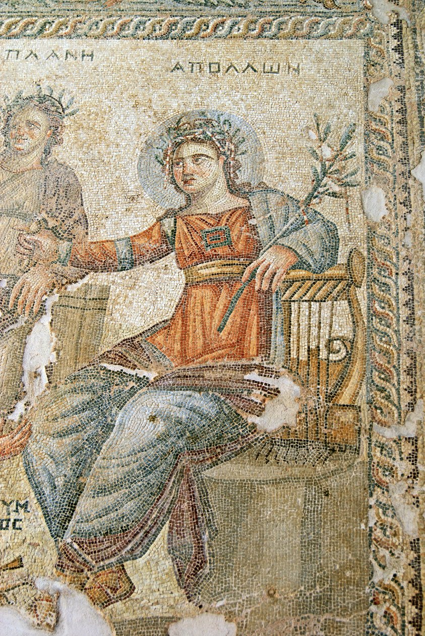 Apollo og Marsyas mosaikken, detalje af Plinius og Apollo, House of Aion, Paphos, Cypern mosaik af Roman