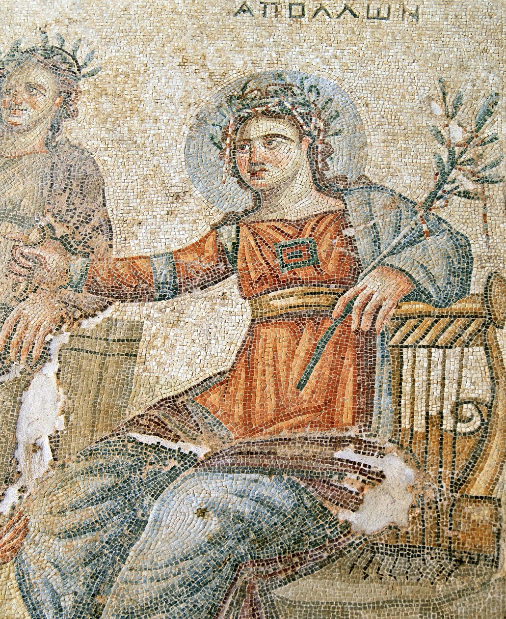 Apollo og Marsyas mosaikken, detalje af Plinius og Apollo, House of Aion, Paphos, Cypern mosaik af Roman