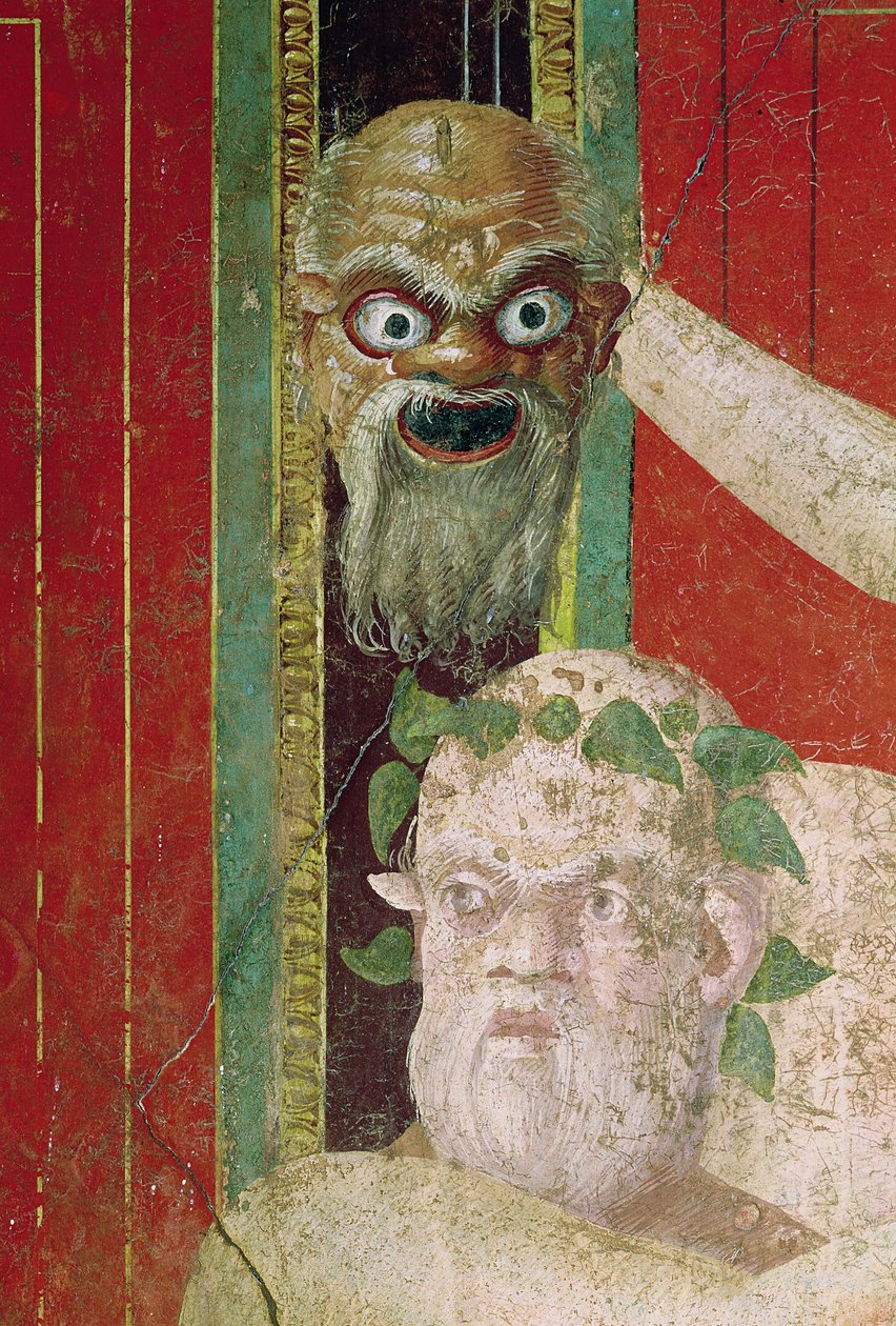 Hovedet af de ældre Silenus, over hvilken er en Silenus-maske, østmuren, Oecus 5, 60-50 f.Kr. af Roman