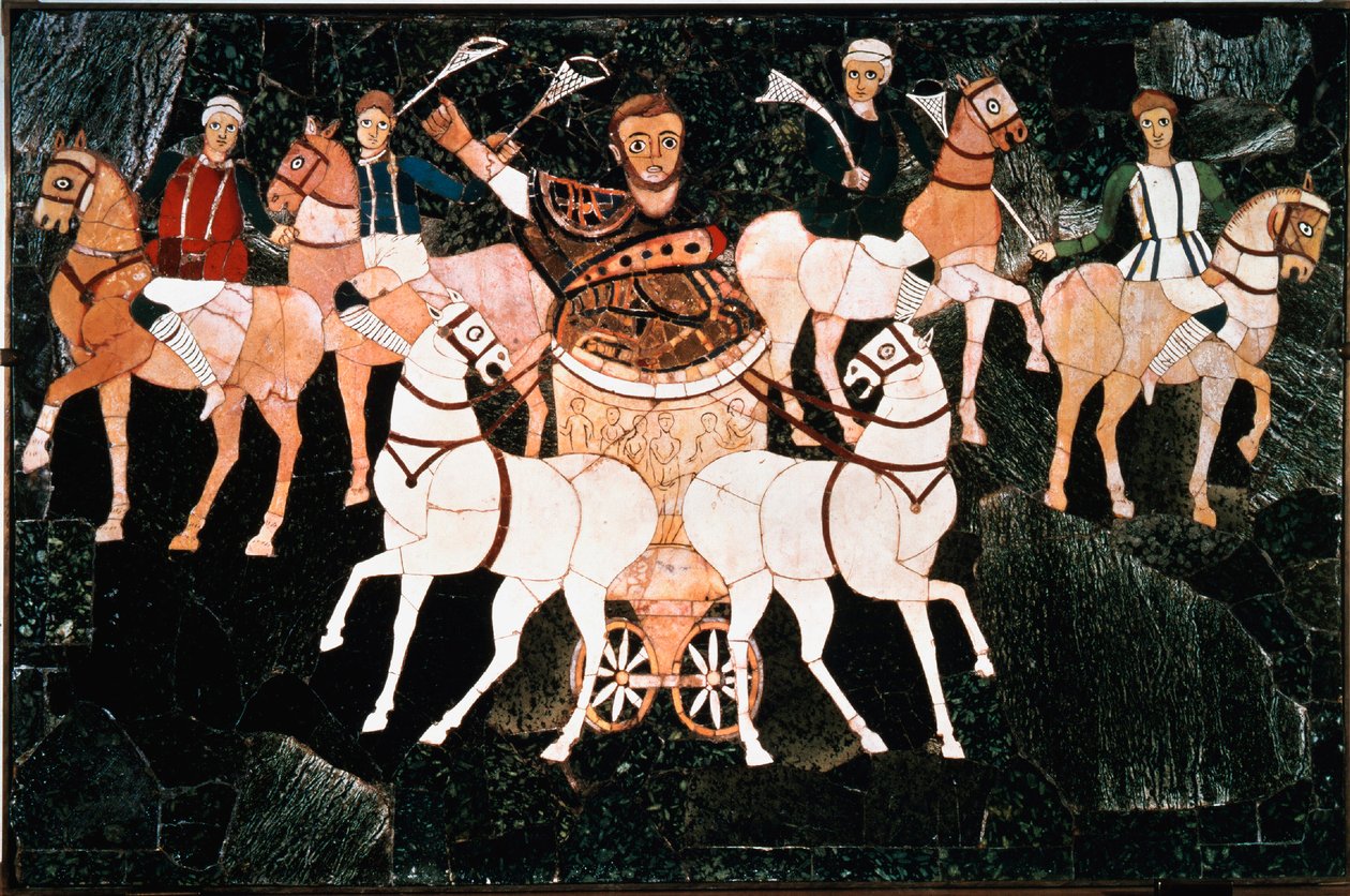 Den romerske konsul Julius Annius Bassus repræsenterer på en detalje quadrige af stilarbejdspladen fra det 4. århundrede. Junius Bassus Basilika (Basilika Juni Bassi), Esquilin i Rom. Opbevar på Conservatori Museum, Rom af Roman