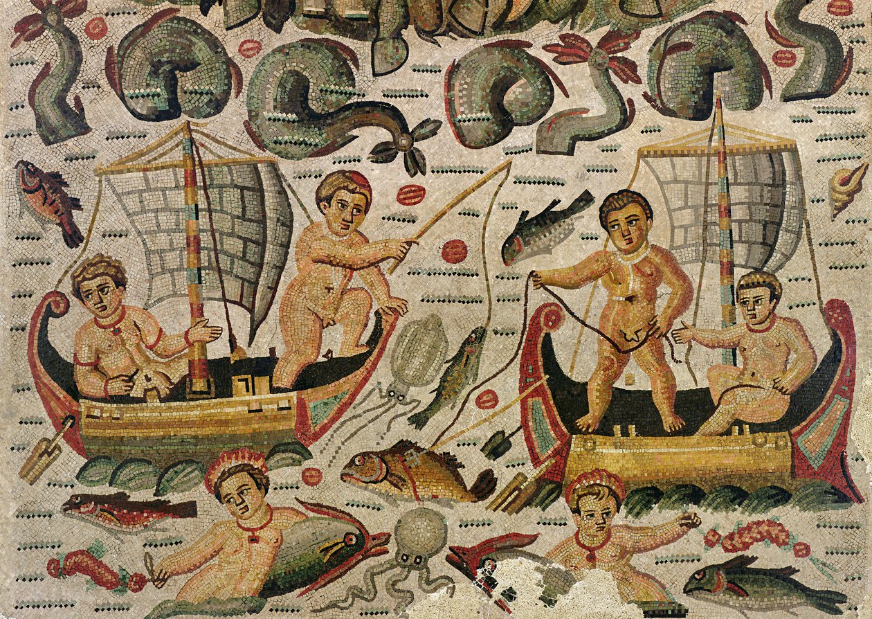 Neptuns og amfitrits triumf, detalje af amorfiskermosaik af Roman
