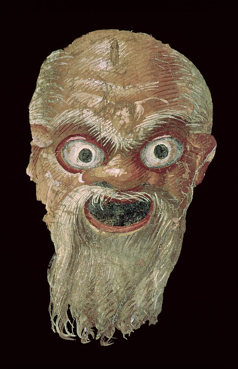 Teatermaske, østmuren, Oecus 5, 60-50 f.Kr. freskomaleri fra 57188 af Roman