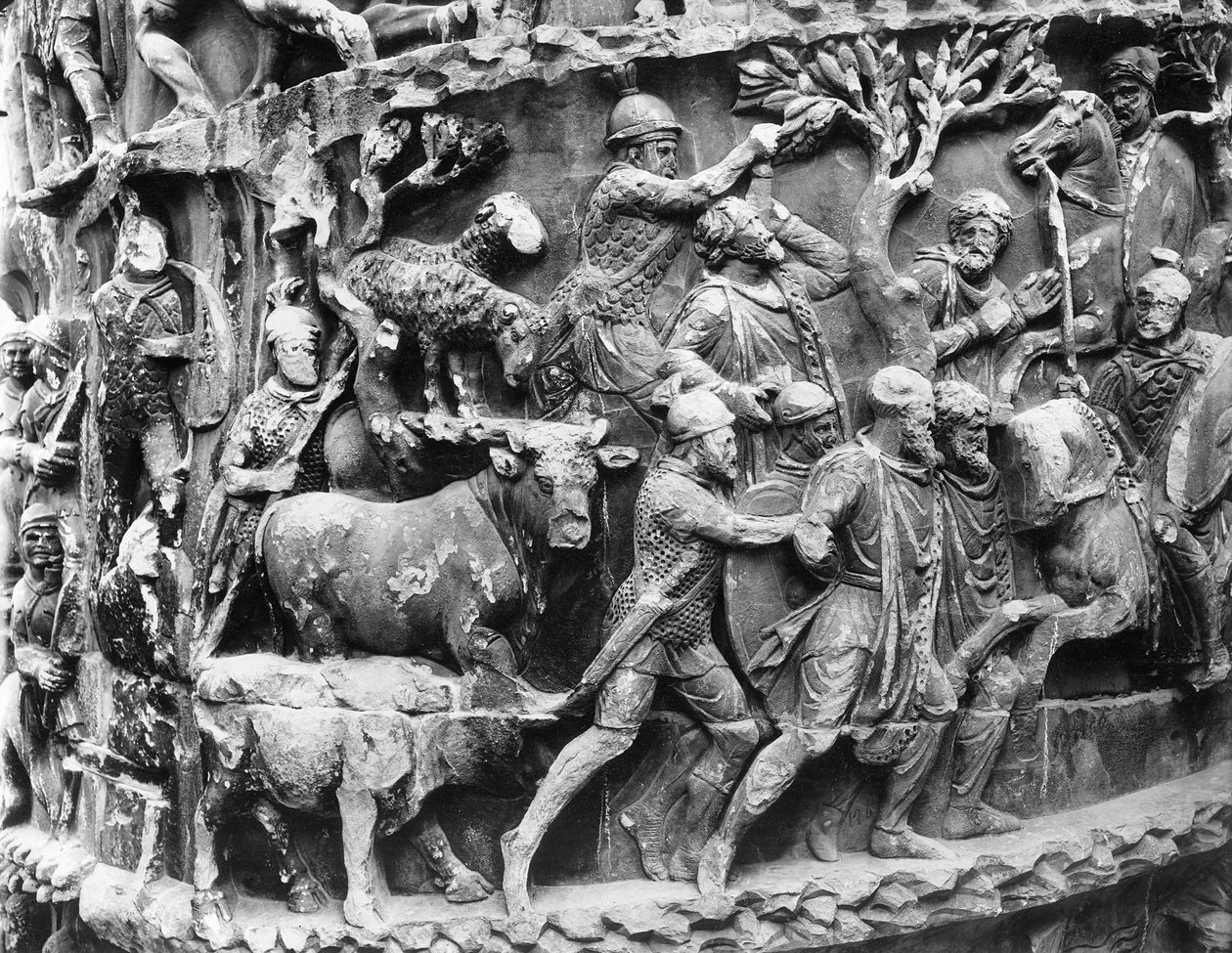 Transport af tyske fanger og krigsbyttet, detaljer fra kolonnen af Marcus Aurelius (colonna Antonina) af Roman
