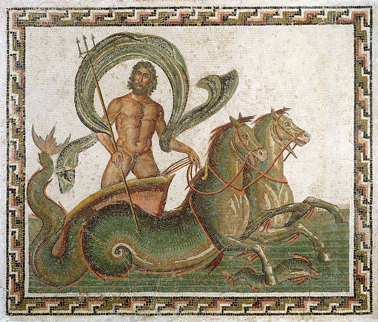 Triumf af Neptun, fortovet fra huset til Wadi Blibane, Sousse (gamle Hadrumetum) (mosaik) af Roman