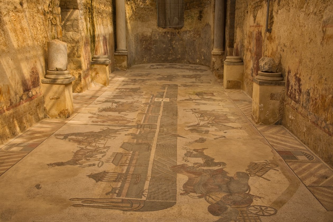 Two Apse Room, gulvmosaik, Villa Romana del Casale, Piazza Armerina, Sicilien, Italien (foto) af Roman