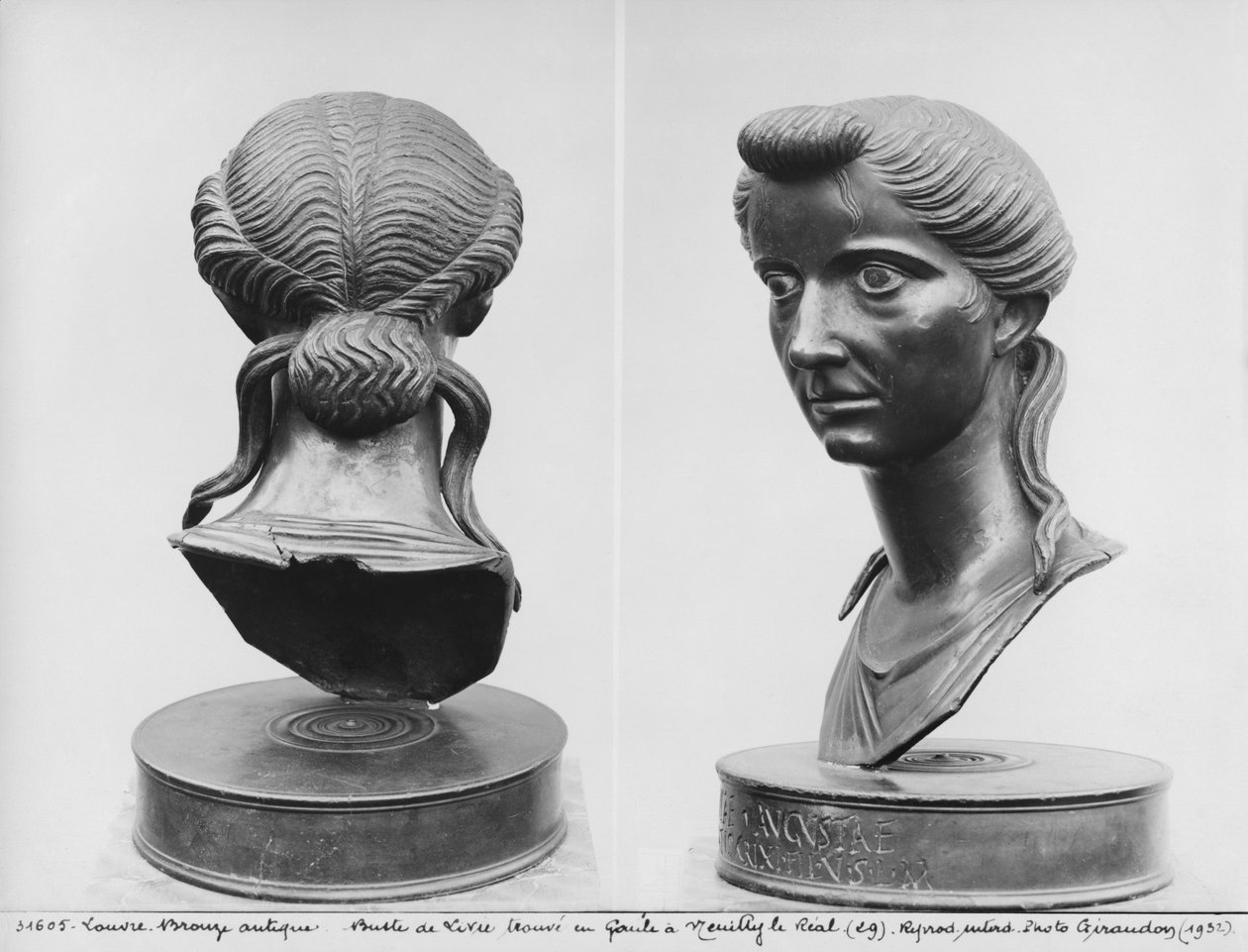 To visninger af en buste af Livia (58 f.Kr.-29 e.Kr.) (bronze) (s/h foto) af Roman