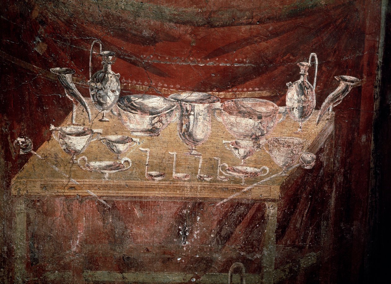 Udsigt til et bord dækket med sølvfade (fresco af Roman
