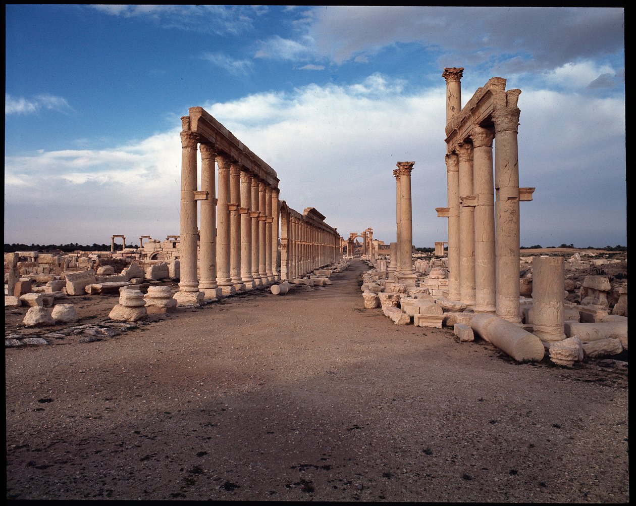 Udsigt over den store søjlegang og den monumentale bue (det tidlige 3. århundrede e.Kr.) Fotografi af Roman