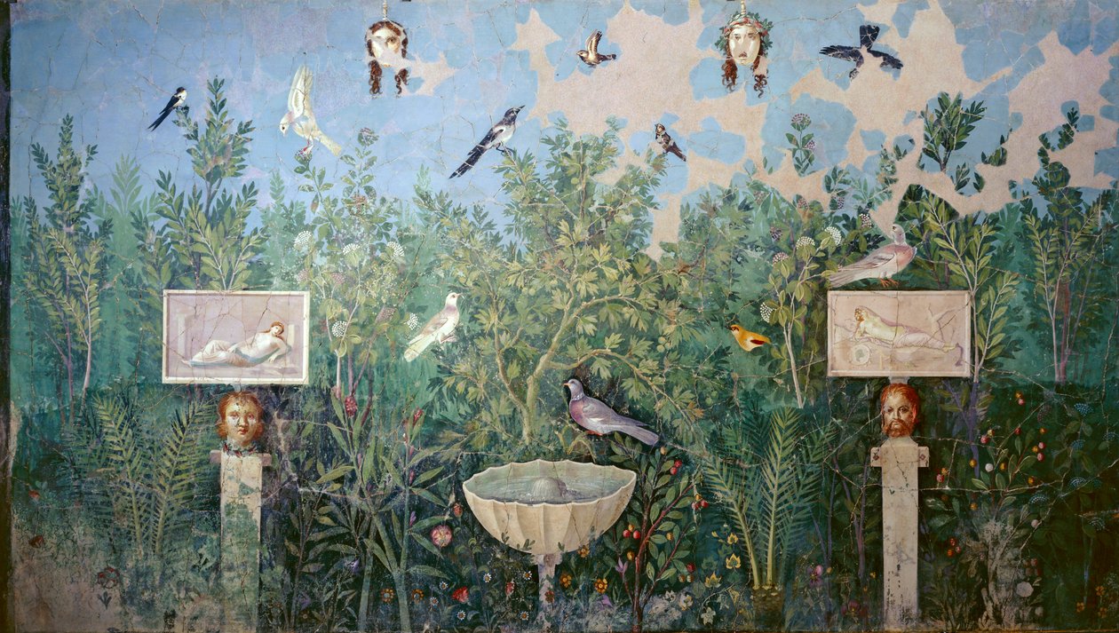 Vægfreskomaleri, der forestiller have og fugle, House of the Golden Armbånd, Pompeji af Roman