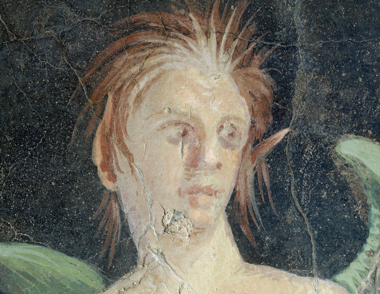 Bevinget geni, fragment af fresco fra Villa of Publius Fannius Synistor, Boscoreale, Campania, Italien, Detalje, romersk civilisation af Roman