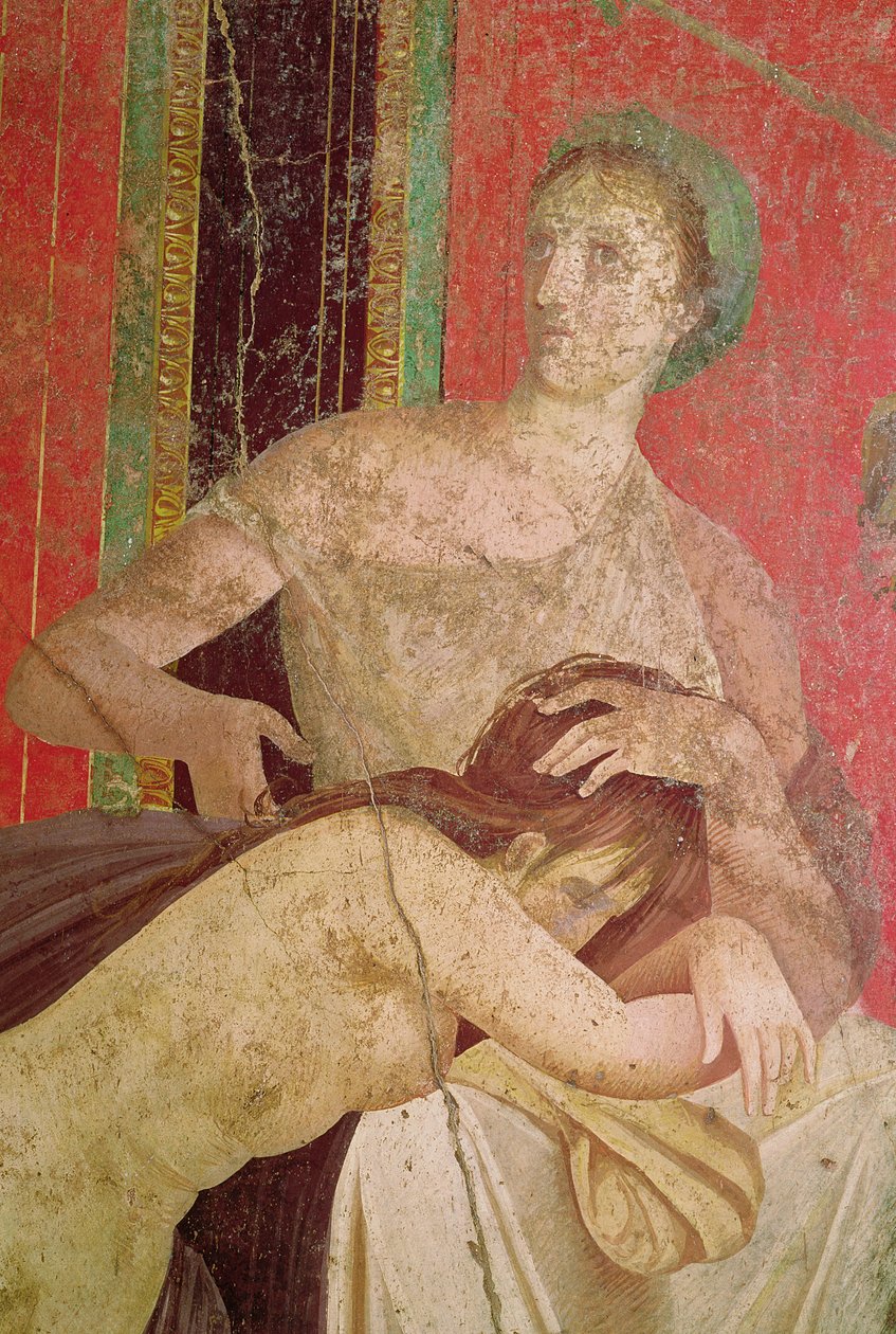 Kvinde trøster den indviede, Sydmuren, Oecus 5, 60-50 f.Kr. freskomaleri fra 57190 og 161043 af Roman