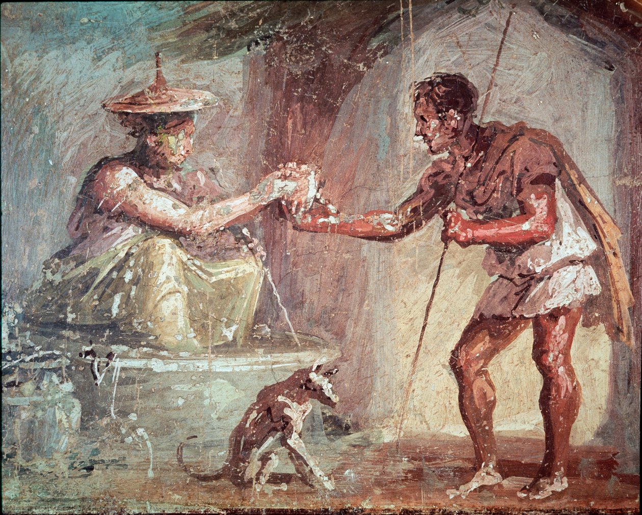 Kvinde tilbyder at drikke til en vandrer (fresco af Roman