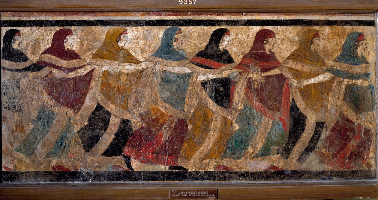 Kvinders begravelsesrunde. Frisk 117x52,5 cm. Maleri fra graven n ° 11, via Dei Cappuccini i Ruvo, Italien. 5. århundrede f.Kr. Frisk i 6 fragmenter. Inv. Nr. 9357. National Archaeological Museum, Napoli (Musee Archaeologique de Naples). af Roman