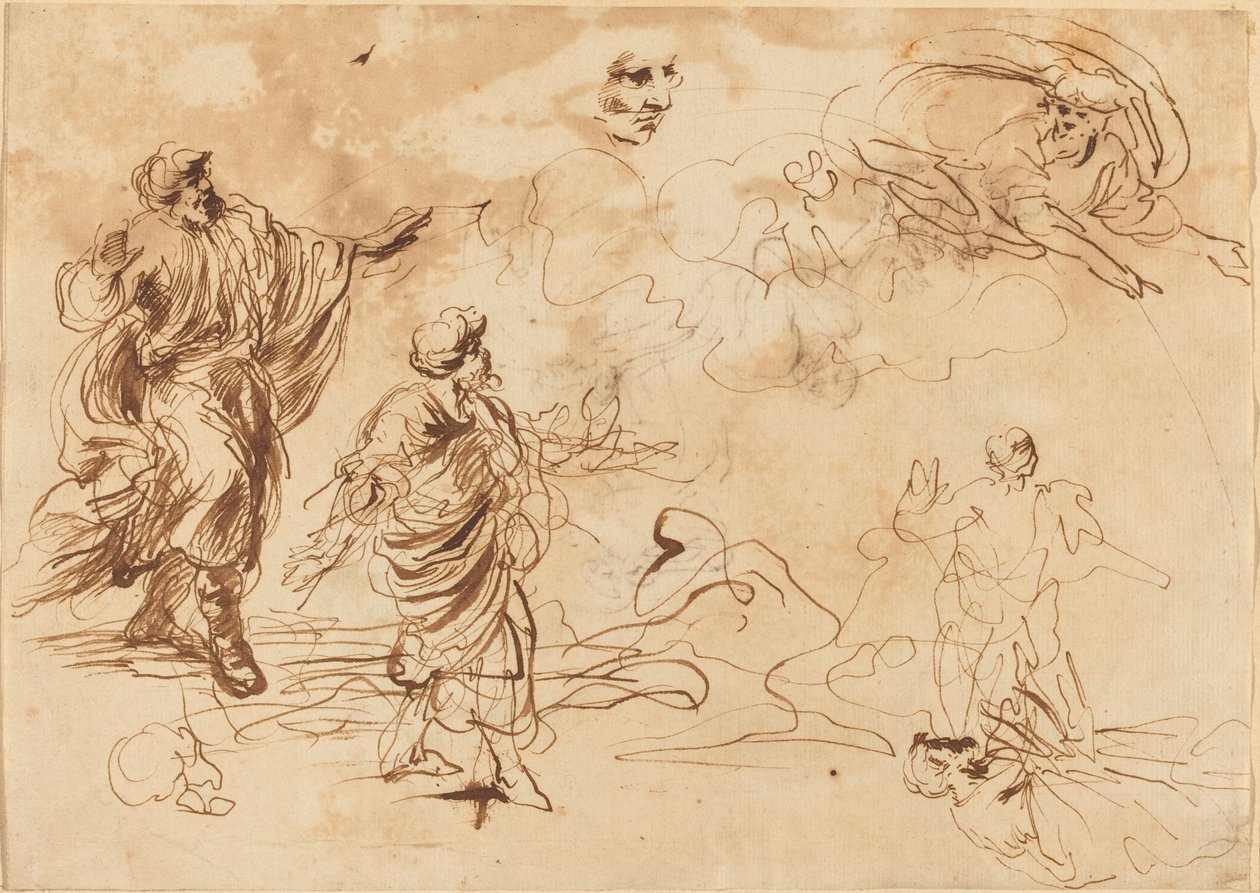 Studier til en bibelsk scene med Gud Faderen, der viser sig for en skægget mandsfigur af Roman 17th Century