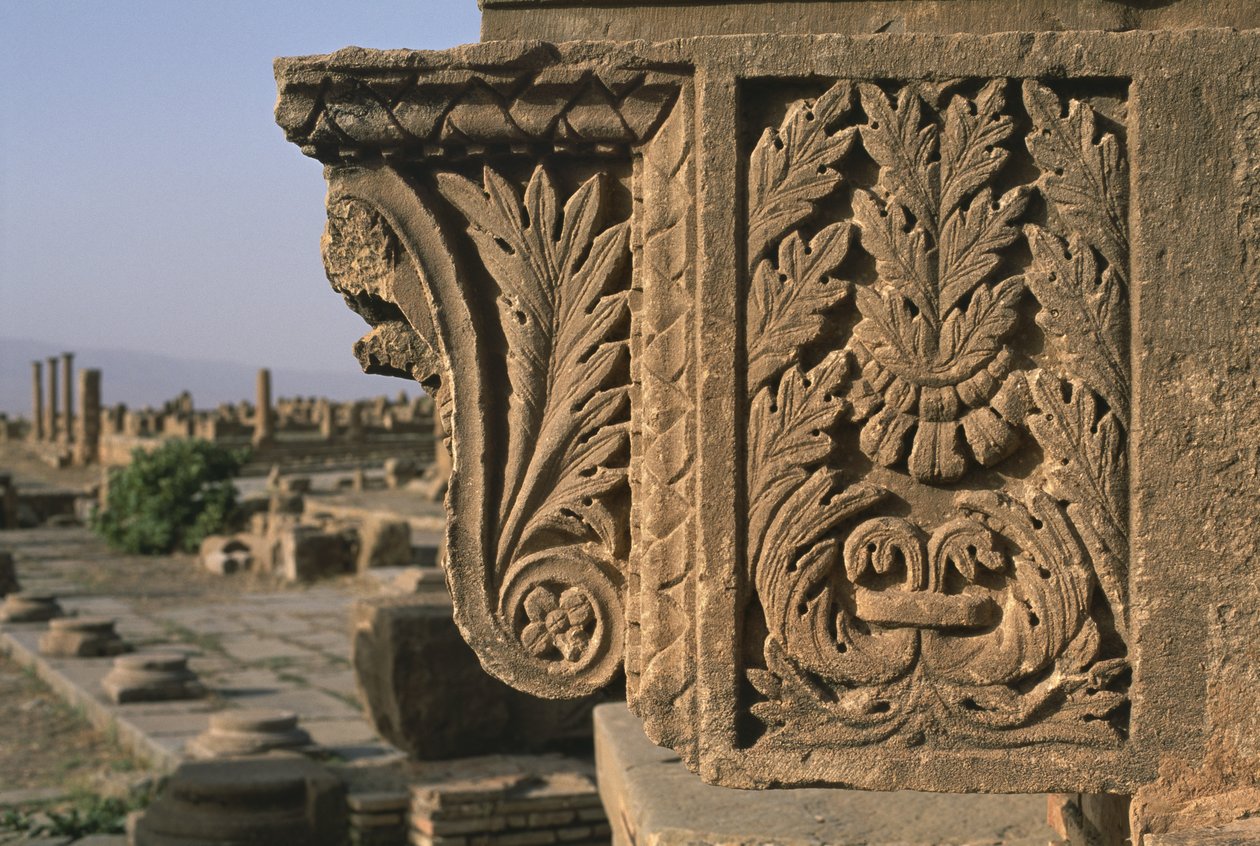 Arkitektonisk fragment med udskåret dekoration, Sertius-markedet, den høje kejsertid (27 f.Kr. - 395 e.Kr.) af Roman Imperial Period