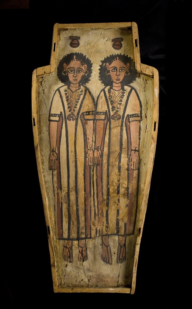 Base af antropoid kiste, Øvre Egypten, Theben, senromertid, ca. 175-200 e.Kr. (pudset og malet træ) af Roman Period Egyptian