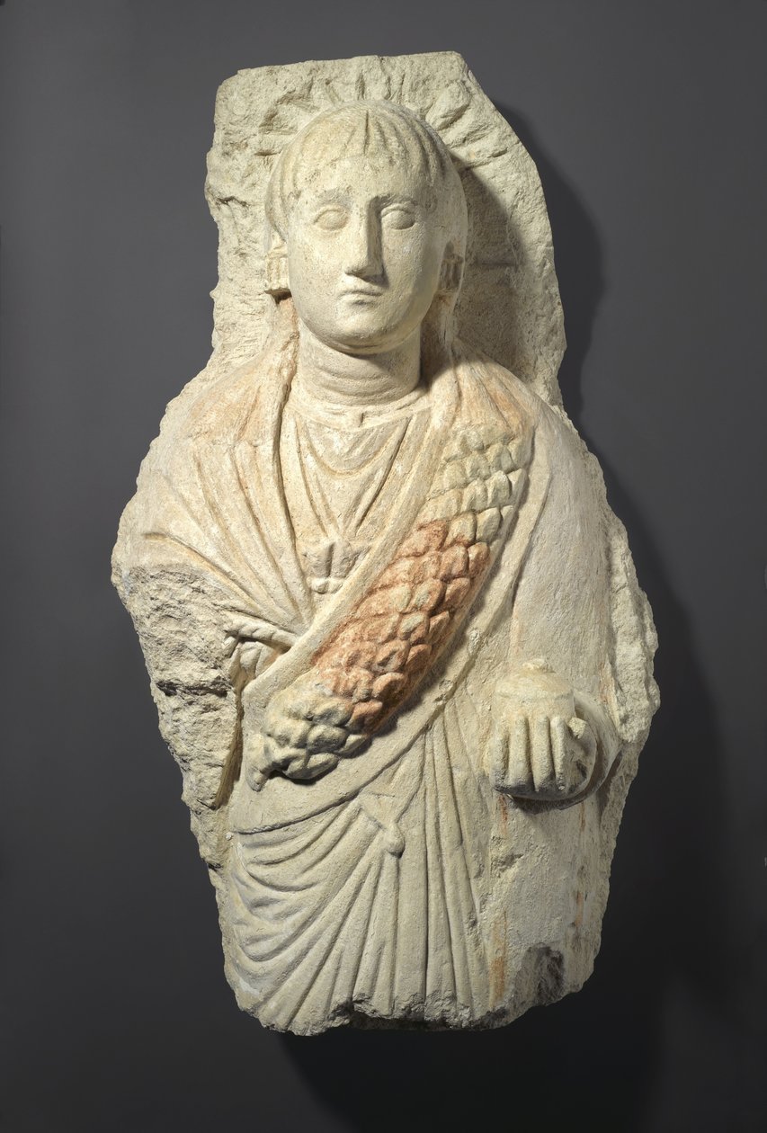 Begravelsesfigur af en kvinde, fundet i Oxyrhynchos, 3.-4. århundrede (kalksten med spor af gesso og maling) af Roman Period Egyptian