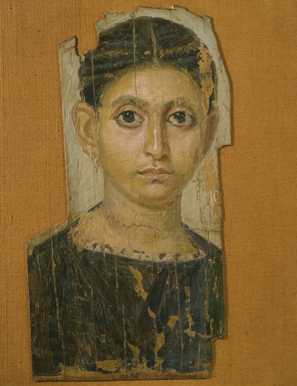 Portræt af en kvindelig mumie fra Fayum, slutningen af det 3. århundrede e.Kr. (encaustic voks på malet træ) af Roman Period Egyptian