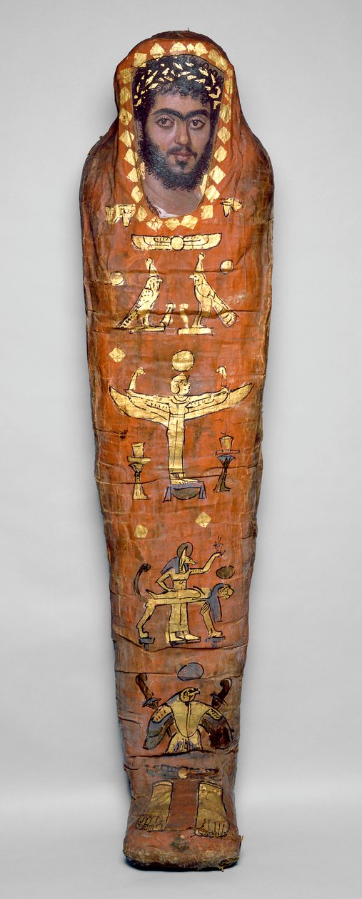 Mumie af en ung mand, med enkaustisk portræt, fra El-Hibeh (linnedindsvøbte menneskelige rester med bemalet træpanel) af Roman Period Egyptian