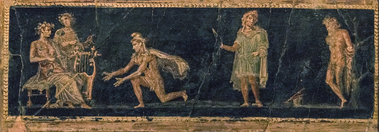 Den musikalske konkurrence mellem Apollo og Marsyas, 1. århundrede f.Kr. AD. af Roman Pompeian wall painting.