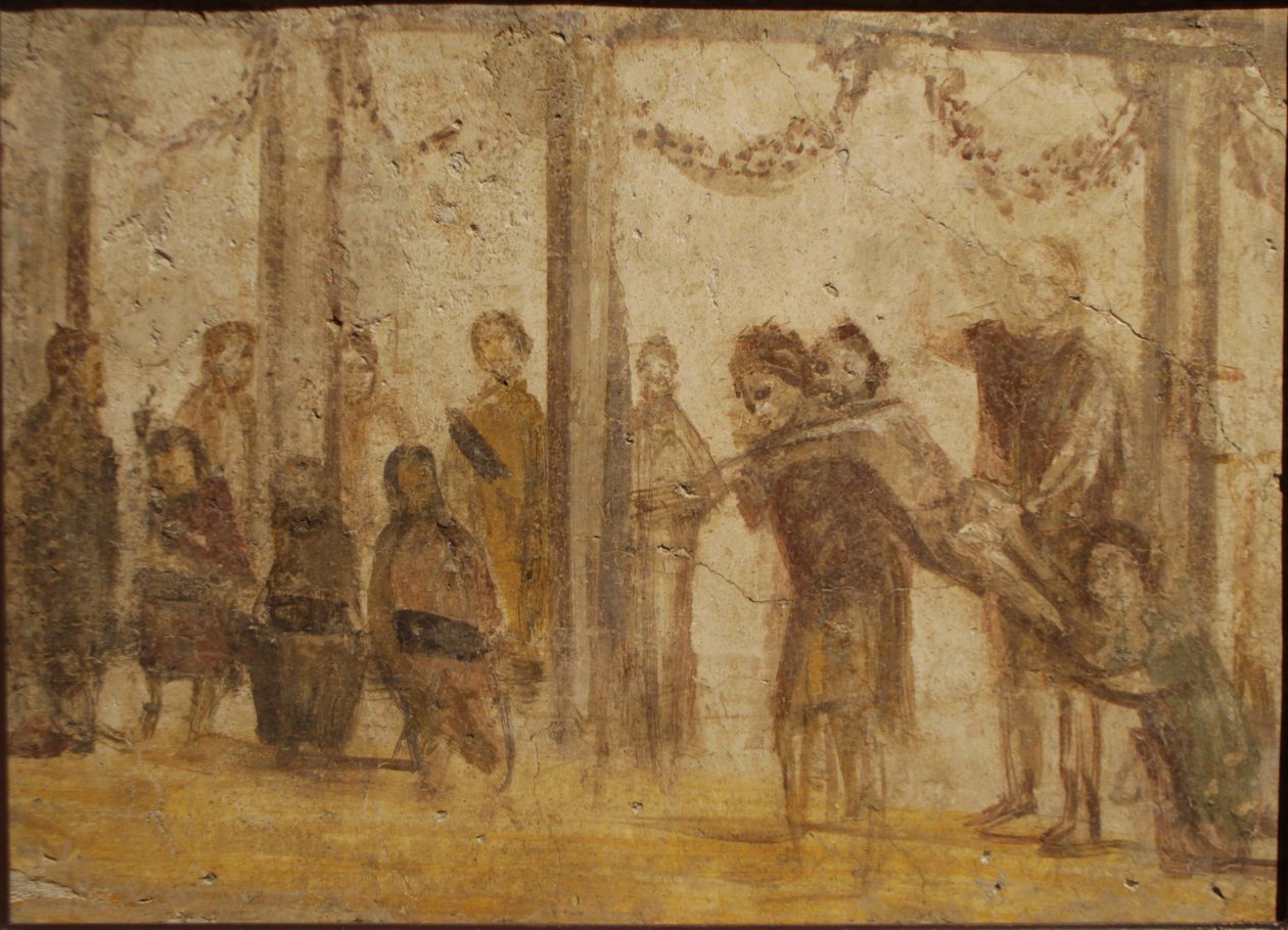 En elevs straf. Fresko fra huset af Julia Felix, 1. århundrede. af Roman Pompeian wall painting.