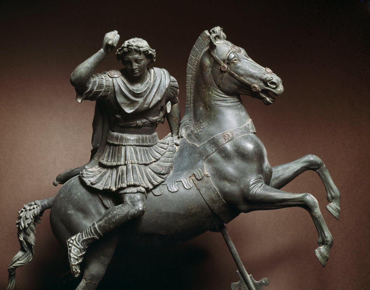 Alexander den Store (356-323 f.Kr.) til hest. Hesten ville være Bucephale. Bronzeskulptur efter en original af Lysippe af Sicyone (395-305 f.Kr.) Napoli, Museo Archeologico Nazionale af Roman Roman