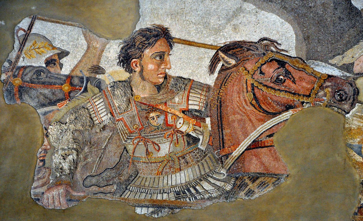 Alexander den Store (356 - 323 f.Kr.) på sin hest Bucephale - detalje af en mosaik af Pompei: Slaget ved Issos mellem Alexander og Darius (4. århundrede f.Kr.). - opus vermiculatum - Musee Archeologique de Naples, Italien - Museo Archeologico Nazionale, Na af Roman Roman