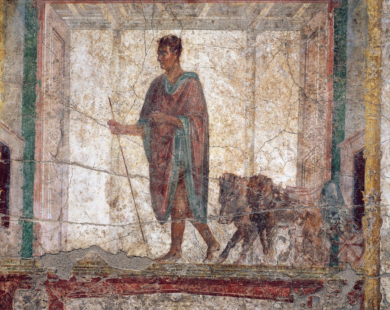 Gammel romersk freskomaleri A.D.metus med orne og løve i åg til vogn af Roman Roman