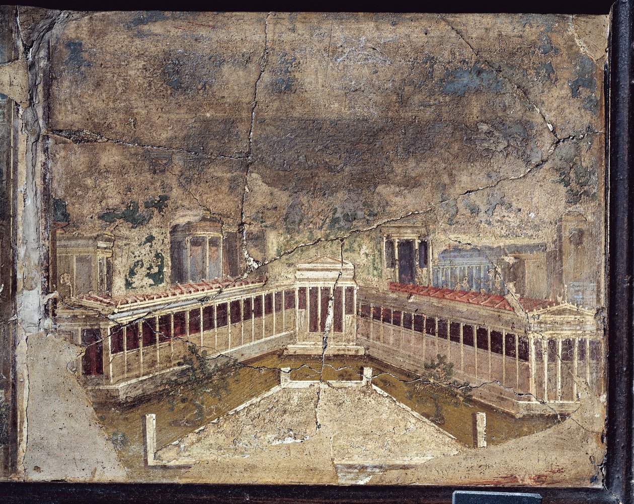 Gammel romersk freskomaleri med arkitektoniske temaer fra Pompeji af Roman Roman
