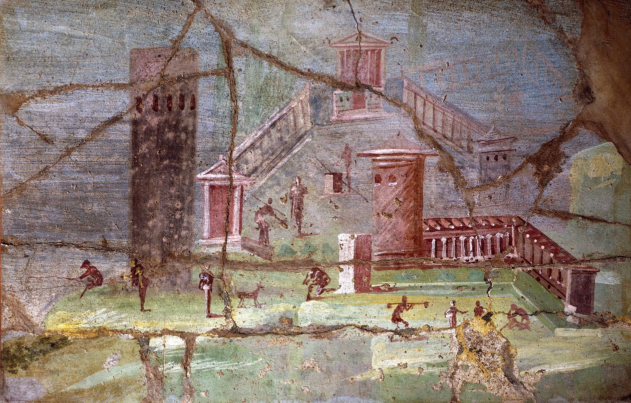 Gammel romersk fresco med landskab fra Pompeji af Roman Roman