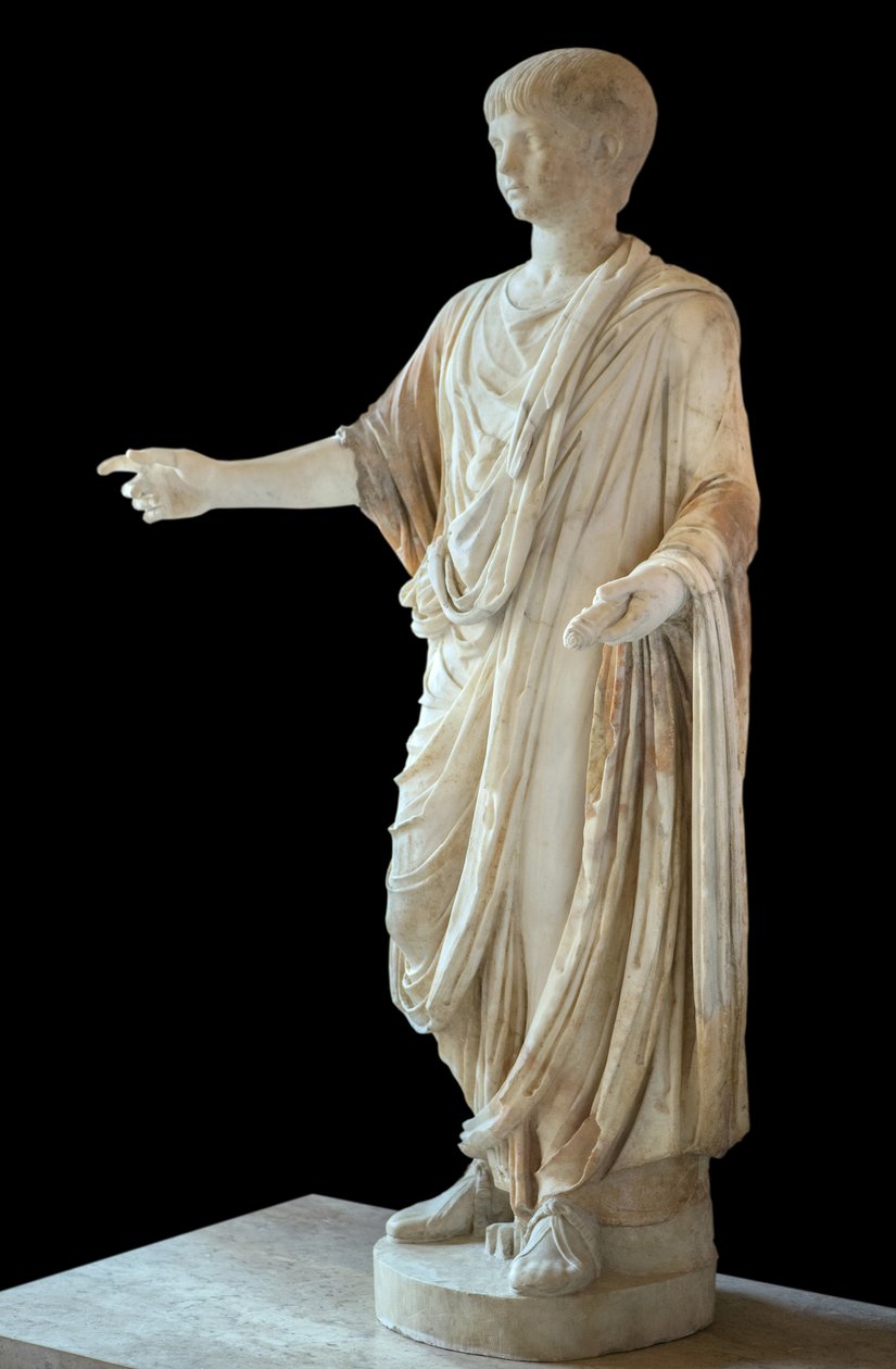 Art Rome Child klædt i toga og iført boblen (bulla), hovedet er Nero-barnets hoved af Roman Roman