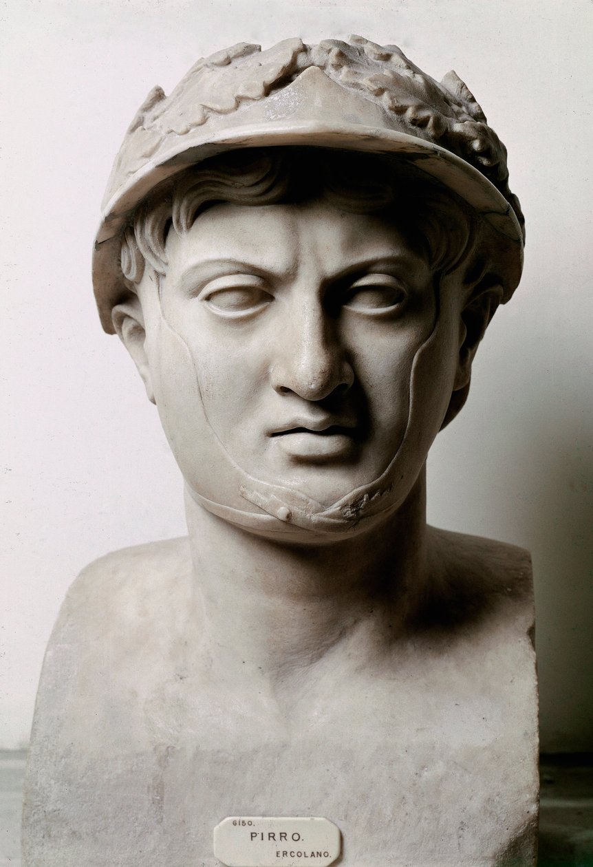 Buste af Pyrrhus I (eller Pyrrhos) konge af Epire fra 306 til 272 f.Kr. Fra Herculaneum (Herculanum). Fra en original 290 f.Kr. Napoli, Nationalt Arkæologisk Museum - Buste af Pyrrhus af Epirus (319-272 f.Kr.). Romersk kopi efter original c.290 f.Kr. Marmo af Roman Roman