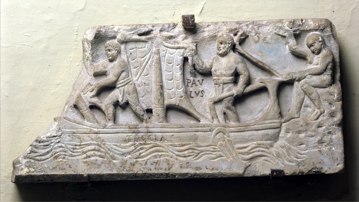 Dækning af en sarkofag med en symbolsk repræsentation af et skib ved navn Thecla: Sankt Paul holder roret og manøvrerer sejlet. af Roman Roman