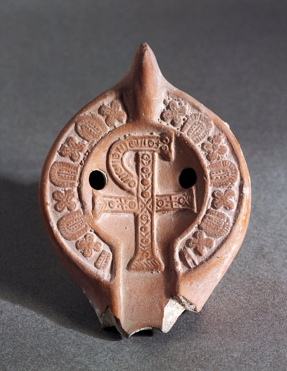 Dekoreret lampe med Chi-Rho, terracotta af Roman Roman