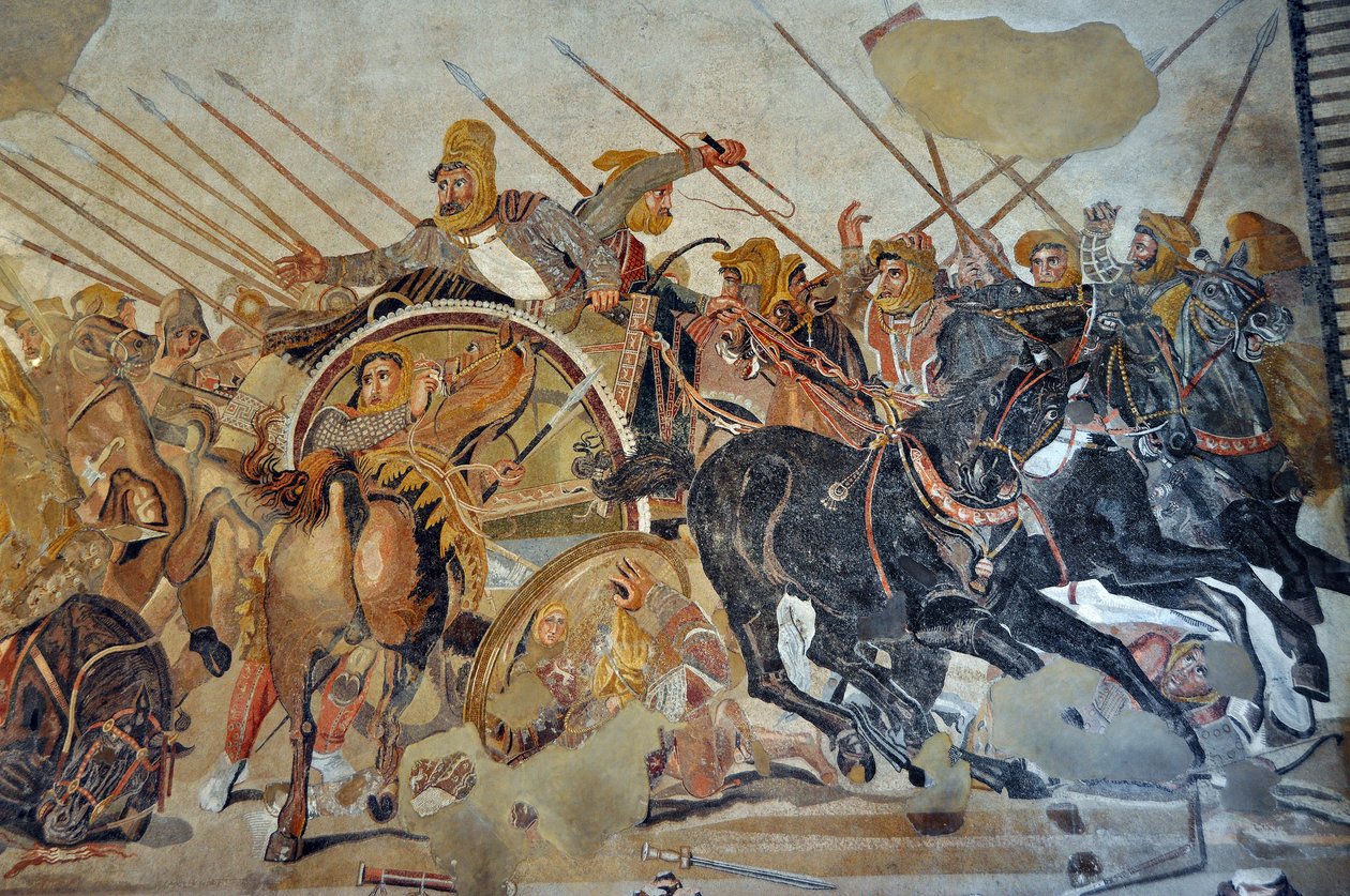 Detalje af en mosaik fra Pompei: Slaget ved Issos mellem Alexander og Dareios (4. århundrede f.Kr.). - Kong Darius III Codoman (380-330 f.Kr.), desempare på sin stridsvogn - opus vermiculatum - Arkæologisk Museum i Napoli, Italien - Museo Archeologico Nazi af Roman Roman