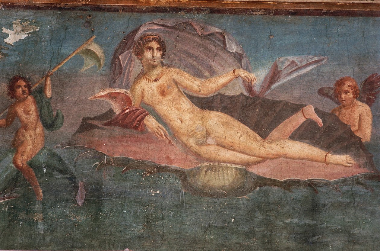 Detalje af fresco i House of Venus i muslingeskal, Pompeji, Campania, romersk civilisation af Roman Roman