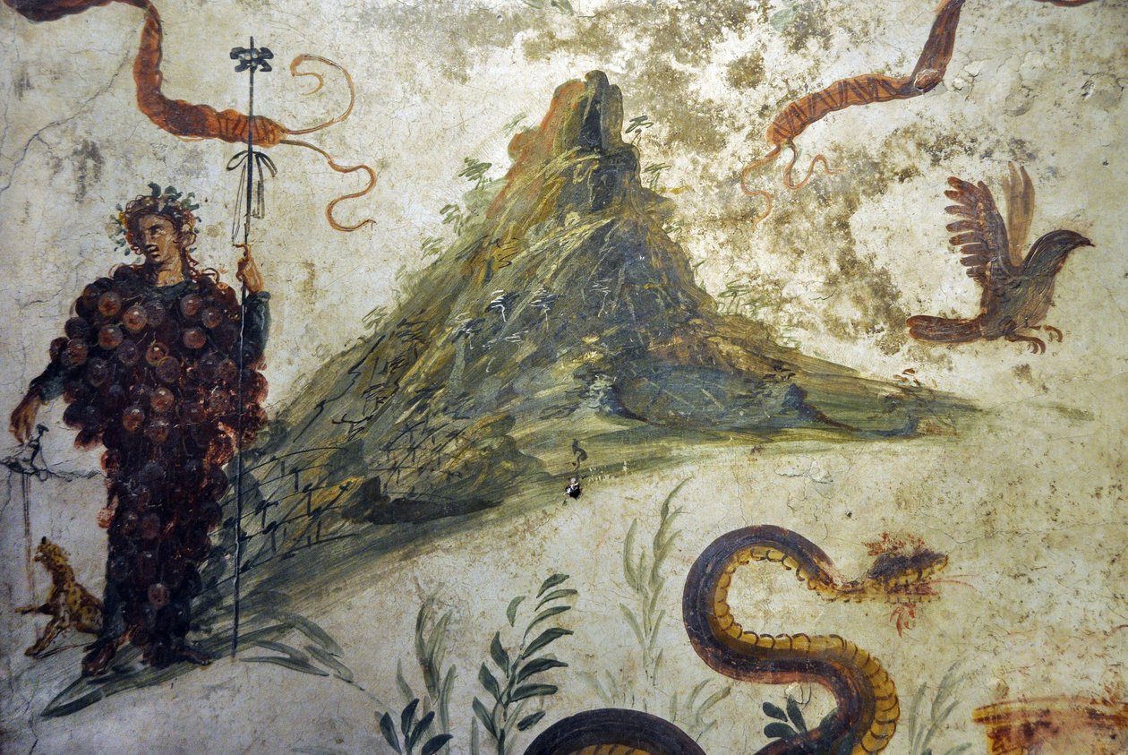 Dionysos vetu af drueklaser stående foran Vesuve-bjerget - Fresco fra Pompei, casa diel centenario (centenario house) - Napoli, Nationalt Arkæologisk Museum af Roman Roman