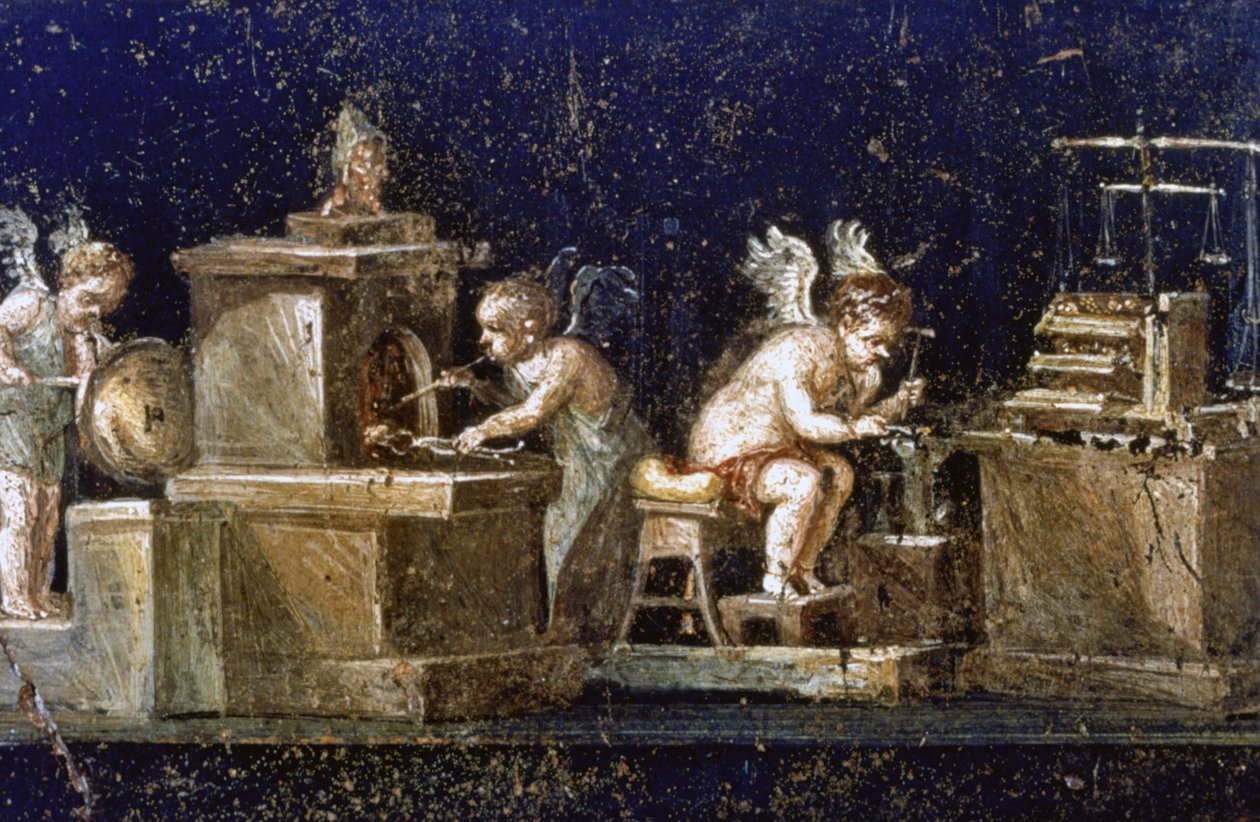 Kaivaukset Pompejissa: Kaivausten aikana paljastettu seinämaalaus Vetin talosta, jossa kupidot kultasepinä. Pompeji tuhoutui Vesuviuksen purkauksessa vuonna 79 jKr. af Roman Roman