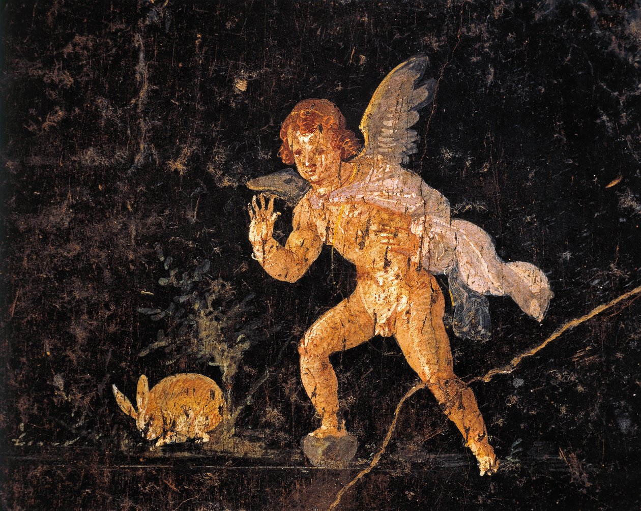 Fresko af Amor, der jager hare, fra Pompei, Italien af Roman Roman