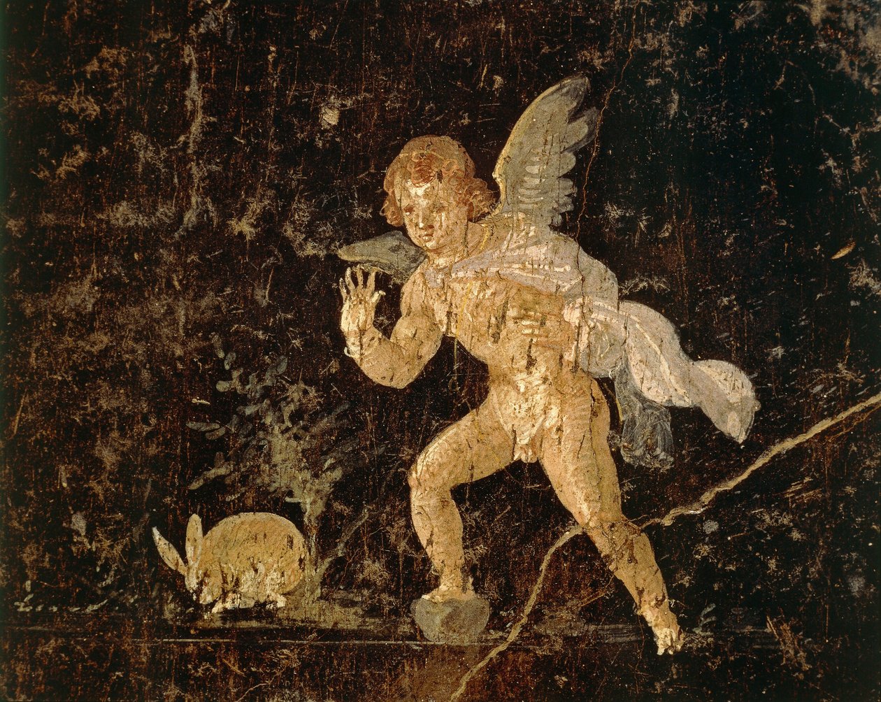 Fresko af Amor, der jager en hare fra Pompeji, Napoli-provinsen, Italien, romersk civilisation af Roman Roman