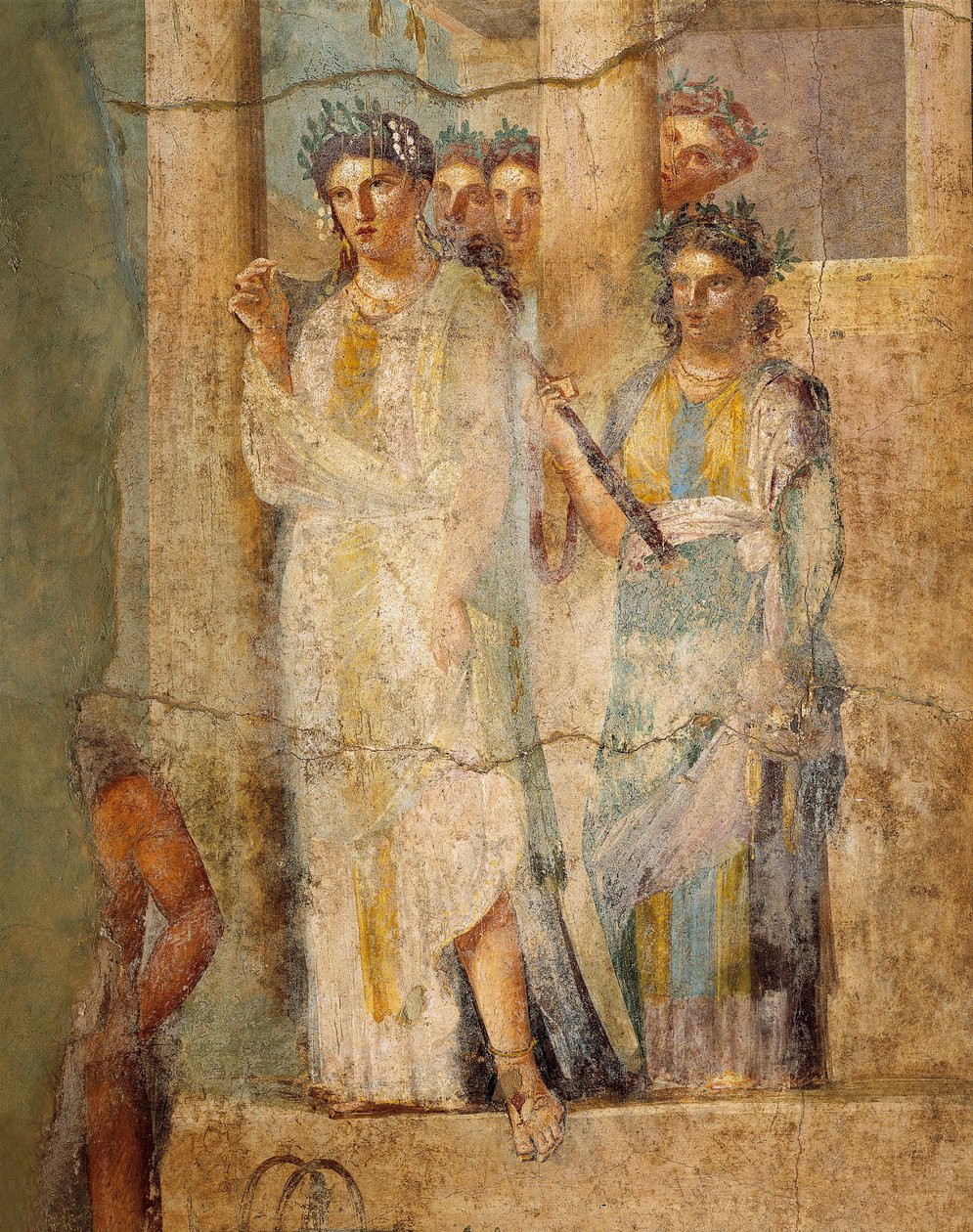 Kalkmaleri, der afbilder Iphigenia in Taurus, Detalje af tjenestepiger, fra House of L. Caecilius Giocondus i Pompeji, Italien af Roman Roman