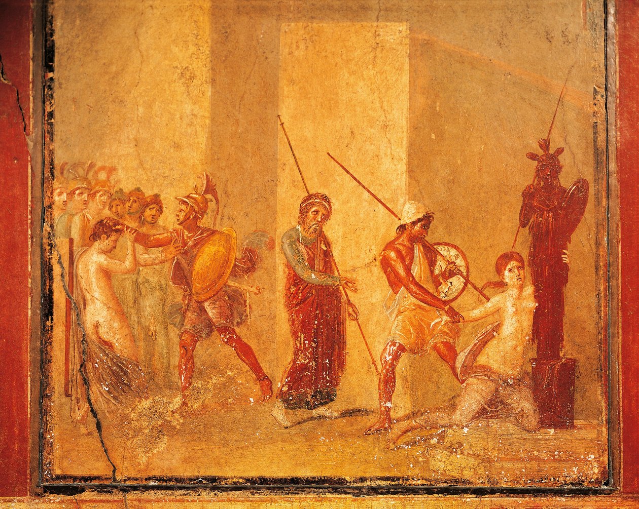 Fresko, joka kuvaa Priamuksen, Menelaoksen ja Helenan kohtaamista kuninkaallisessa palatsissa, Pompejissa, Campaniassa, roomalaisessa sivilisaatiossa af Roman Roman